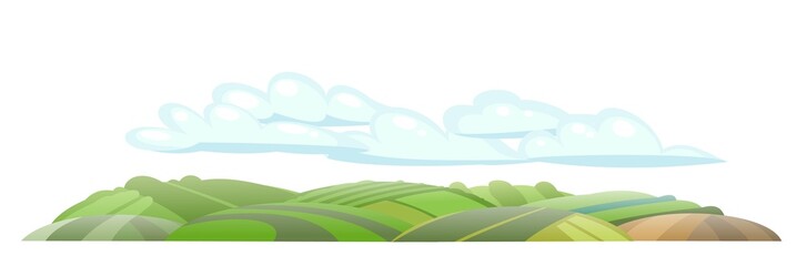 Obraz premium Rural hills. Farm cute landscape. Horizontal. Funny cartoon design illustration. Flat style. Isolated on white background. Summer sky. Vector.
