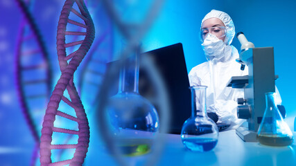 Experiments with human genome concept. DNA molecule as symbol of genetic engineering. Concept DNA...