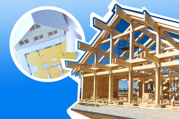Construction frame houses. Wire frame of house on a blue background. Construction of houses from a...