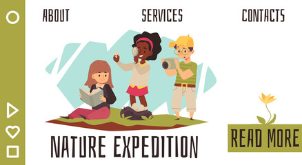 Nature expedition, curious kids explore world in flat vector illustration