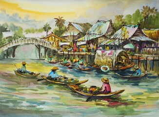 Fototapeta na wymiar Art painting watercolor Hut northeast Thailand Countryside Thai land , Floating market 