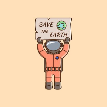 Astronaut holding board sign campaign cartoon vector illustration