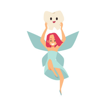 Toothfairy front view, cartoon vector illustration. Little flying girl holding tooth high above her head.