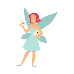 Cheerful smiling tooth fairy holding two fallen baby teeth in her hands in flat