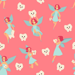Tooth Fairy seamless vector pattern. Kids dental clinic stickers. Cartoon style flying fairy princess illustration.