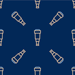 Line Spyglass telescope lens icon isolated seamless pattern on blue background. Sailor spyglass. Vector