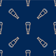 Obraz premium Line Spyglass telescope lens icon isolated seamless pattern on blue background. Sailor spyglass. Vector