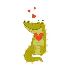 Cute Crocodile Character Holding Red Heart Fallen in Love Vector Illustration