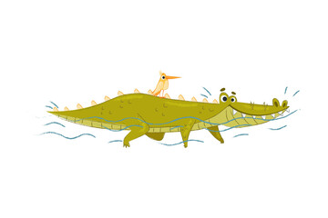 Fototapeta premium Cute Crocodile Character with Bird on Its Back Floating in Water Vector Illustration