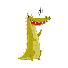 Cute Crocodile Character Waving Paw Saying Hello Vector Illustration