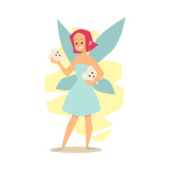 Redhead winged tooth fairy in blue dress standing front view and holding teeth with smiling faces in her hands.