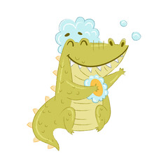 Cute Crocodile Character Bathing with Foam and Shower Puff Vector Illustration