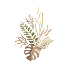 Bouquet with dried plants and palm leaf. Flowers in taupe, dusty pink, brown, sepia trendy colors for your own design vector illustration