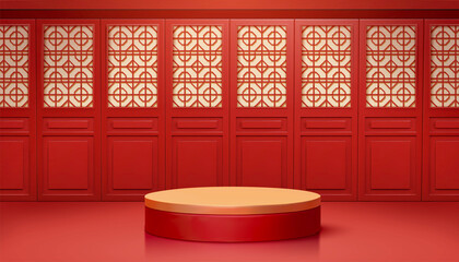 3d Asian window frame podium scene