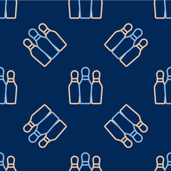 Line Bowling pin icon isolated seamless pattern on blue background. Juggling clubs, circus skittles. Vector