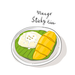 Mango sticky rice vector cartoon on white background. Thai traditional dessert. 