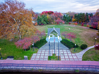 Aerial View of a Riverfront  Park in Fall Colors