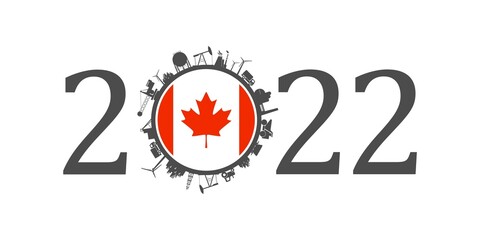 2022 year number with industrial icons around zero digit. Flag of Canada.