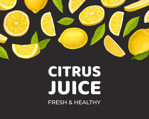 Bright Yellow Lemon Citrus Fruit with Green Leaf on Black Background Vector Card Template