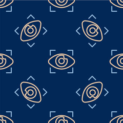 Line Big brother electronic eye icon isolated seamless pattern on blue background. Global surveillance technology, computer systems and networks security. Vector