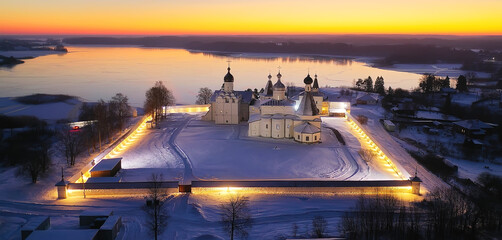 Fototapeta na wymiar ferapontovo winter monastery landscape, top view christmas religion architecture background