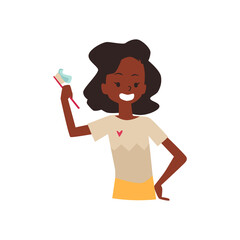 African american kid girl with toothbrush, flat vector illustration isolated.