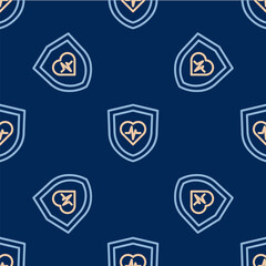 Line Life insurance with shield icon isolated seamless pattern on blue background. Security, safety, protection, protect concept. Vector