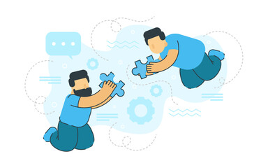 Two man hand over puzzle conceptual flat illustration. Creative simple flat illustration.