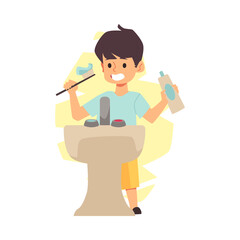 Kid brushes teeth with tooth brush in bathroom in flat vector illustration