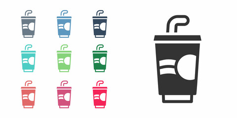 Black Paper glass with drinking straw and water icon isolated on white background. Soda drink glass. Fresh cold beverage symbol. Set icons colorful. Vector