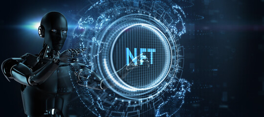 NFT Non-fungible token digital crypto  on virtual screen.3d render