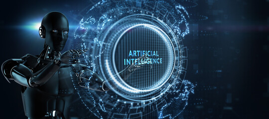 Artificial intelligence (AI), machine learning and modern computer technologies concepts. Business, Technology, Internet and network concept. 3d render