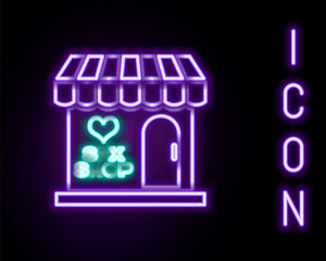 Glowing neon line Sex shop building with striped awning icon isolated on black background. Sex shop, online sex store, adult erotic products concept. Colorful outline concept. Vector