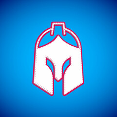 White Roman army helmet icon isolated on blue background. Vector