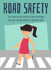 Girl kid walks along pedestrian crosswalk and crosses the road, cartoon poster vector illustration.