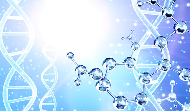 Genetic engineering, GMO and gene manipulation concept. Horizontal banner with molecular structure and DNA