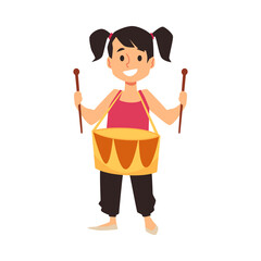 Cute child girl with drums on neck, flat vector illustration isolated on white background.