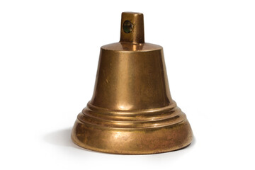 An antique copper bell on a white background.