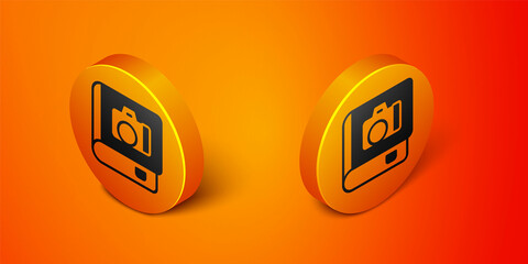 Isometric Photo album gallery icon isolated on orange background. Orange circle button. Vector