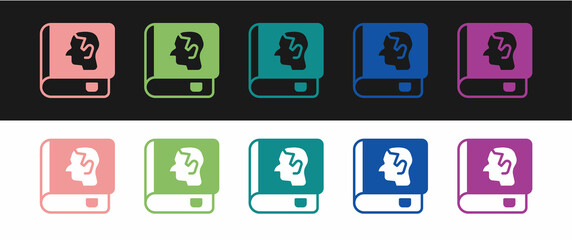 Set Law book icon isolated on black and white background. Legal judge book. Judgment concept. Vector