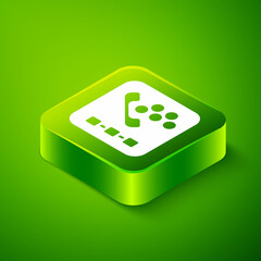 Isometric Taxi call telephone service icon isolated on green background. Taxi for smartphone. Green square button. Vector