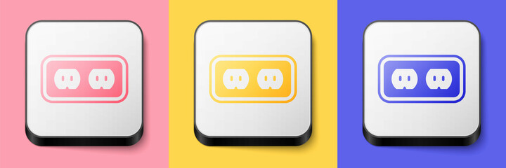 Isometric Electrical outlet icon isolated on pink, yellow and blue background. Power socket. Rosette symbol. Square button. Vector