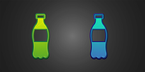 Green and blue Bottle of water icon isolated on black background. Soda aqua drink sign. Vector