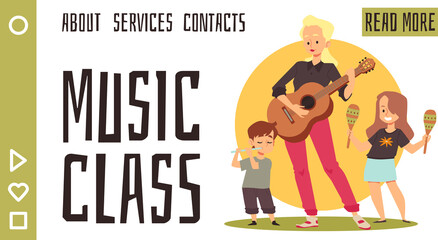 Music class for kids website with teacher and pupils, flat vector illustration.