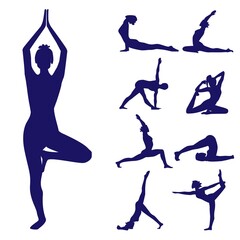 Vector illustration poses of yoga Set of female silhouettes doing yoga asanas.
