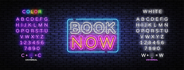 Book now neon for concept design. Blue book now neon sign. Vector background. Editing text neon sign