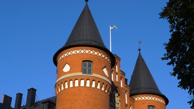 Handheld motion Kviberg Military Barracks towers in Gothenburg, Slow motion