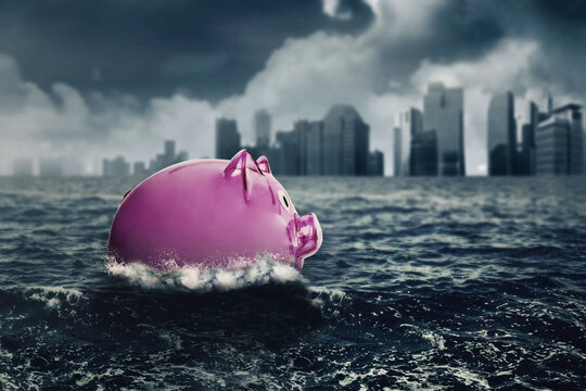 Piggy bank floating on flood stream