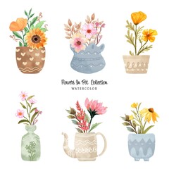 Set of Watercolor Flower in Pot