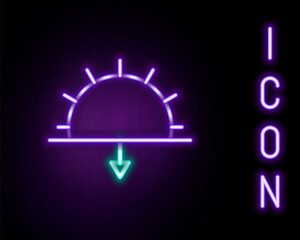 Glowing neon line Sunset icon isolated on black background. Colorful outline concept. Vector